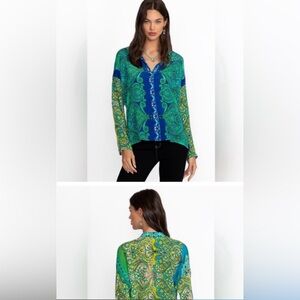 Johnny Was Teal & Blue Paisley Button-Up Blouse%100 Silk